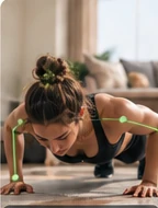 A woman doing push-ups at home, with illustrative green pose lines.